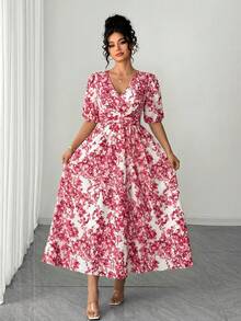 SHEIN Elenzya Plus Size Women Summer Vacation Casual V-Neck Petal Sleeve Waist Cinched Flared Dress Fall - Rose Red - View 6