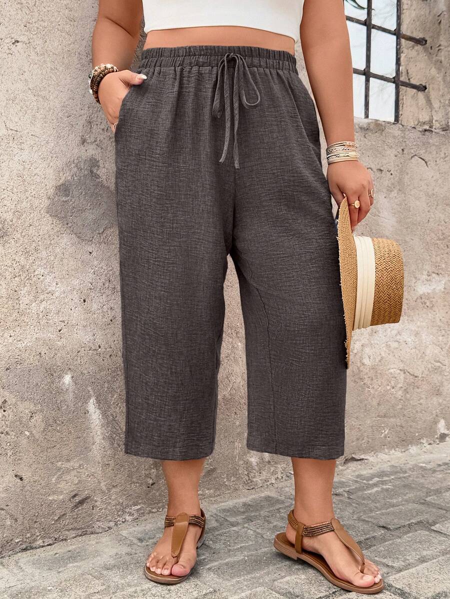 Plus Size Women Casual Pants, Comfortable Textured Capri Pants, Spring & Summer Countryside Vacation - Brown - View 1