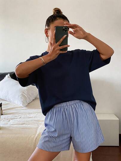 DAZY Minimalist T-Shirt Top And Striped Shorts Loungewear Set Pajama