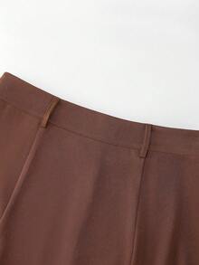 SHEIN Clasi Bộ vest nữ một hàng cúc phối viền tương phản gồm áo blazer và chân váy chữ A, kiểu dáng thanh lịch, thường ngày, phù hợp cho công sở, đi làm, đi nghỉ mát, màu mơ và chân váy nâu, bộ 2 mảnh cho mùa thu/đông. - Vàng nhạt - Xem 8