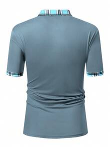 Manfinity Homme 大尺碼男士休閒商務拼接格紋印花短袖 Polo 衫，夏季，正式 - 霧霾藍 - 查看 2