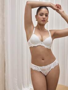 2 piezas Conjunto de sujetador con aros y relleno de encaje para mujeres - Blanco - Ver 1