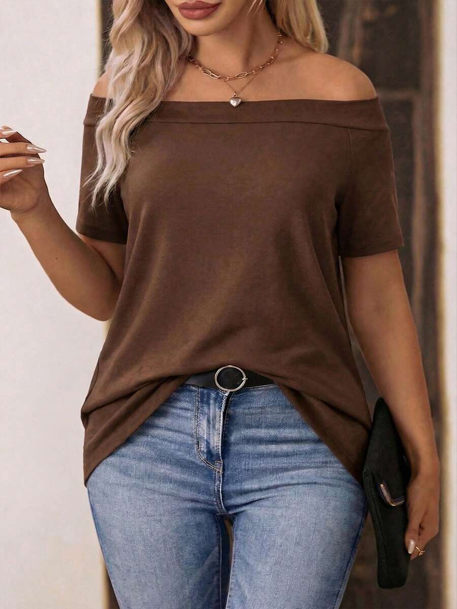 Selamara 新款休闲单肩短袖加大码T恤，咖啡色 - 咖啡棕 - 查看 1