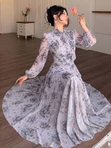 Modelyn 女士紫色系带领褶皱腰身连衣裙，适合春秋季户外穿着 - 紫色 - 查看 6