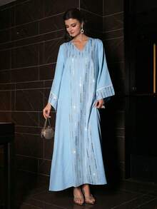 Al Najma Đầm maxi Thổ Nhĩ Kỳ dáng rộng thanh lịch xòe rộng, thích hợp mặc hàng ngày, và áo Abaya truyền thống Ả Rập. - Màu xanh nước - Xem 3