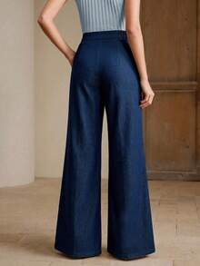 Anewsta Damen modische elegante Hose mit floraler Stickerei und Bündchen-Vorderseite - marineblau - Übersicht 3