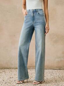 Anewsta Fashionable Heavy Rhinestone Embellished Straight Leg Jeans - Blue - View 6