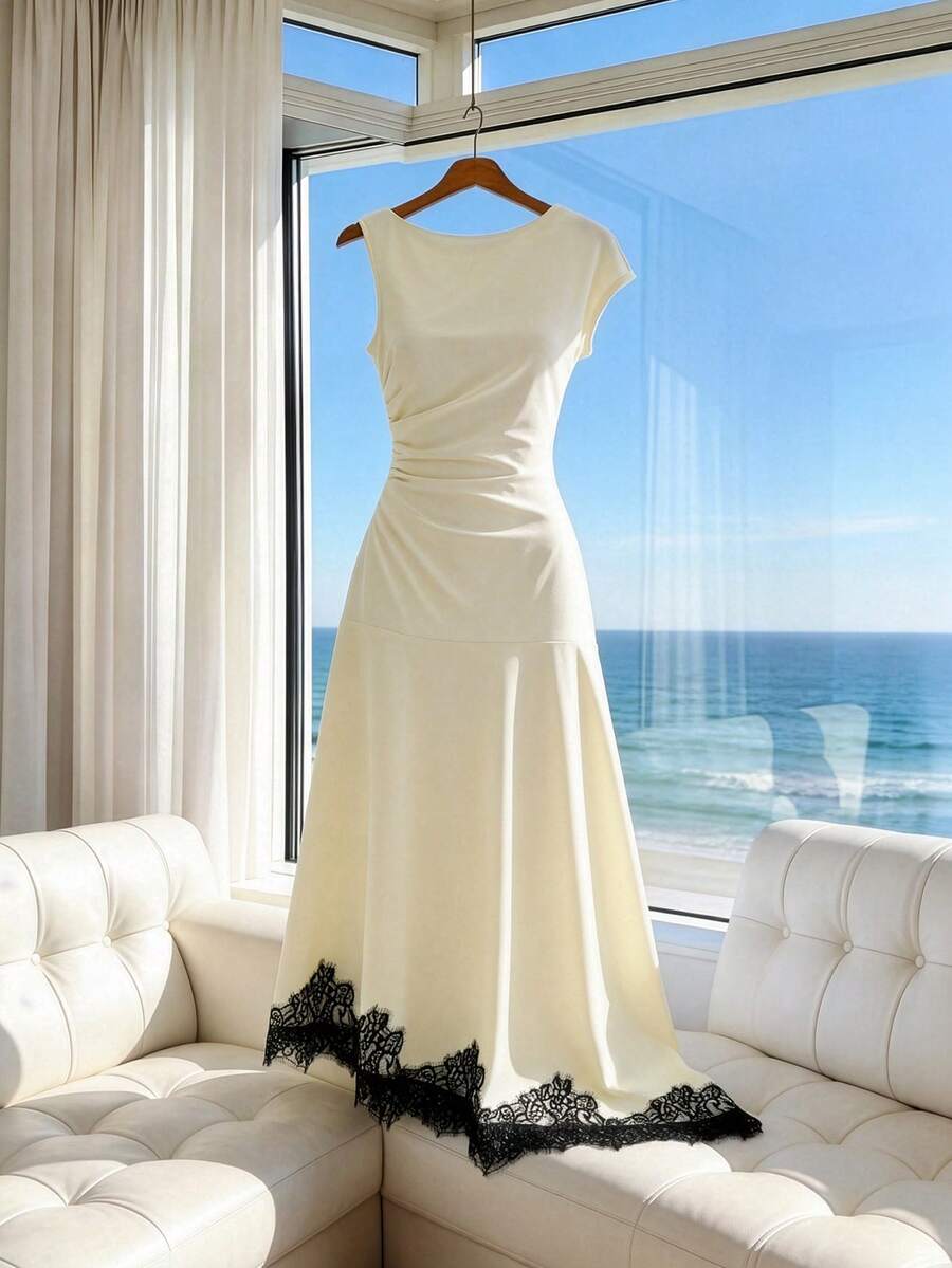 SHEIN Franclia Beige Women's Waist Ruched Black Lace Trim Mid-Length Dress - Beige - View 1