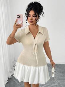 SHEIN Elenzya 大码女式梭织针织休闲舒适通勤系领蝴蝶结短袖碎花中长连衣裙，卡其色和白色撞色设计 - 卡其色 - 查看 3