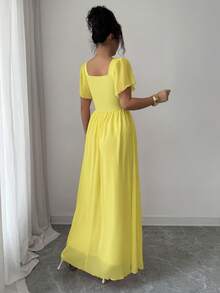 Elenzga 女士新款纯色粉橙色方领高腰弹力针织拼接雪纺薄纱泡泡袖褶皱宽松A字连衣裙，简约优雅休闲舒适百搭轻盈正式连衣裙，适合日常穿着和度假。 - 鵝黃色 - 查看 2