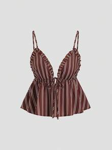 Sweetra Áo kiểu nữ mới, phong cách thường ngày, cổ chữ V sâu, dây rút, viền bèo nhún, họa tiết kẻ sọc, phù hợp cho mùa xuân, hè, thu, kiểu dáng retro gợi cảm, rộng rãi. - Cà phê nâu - Xem 1