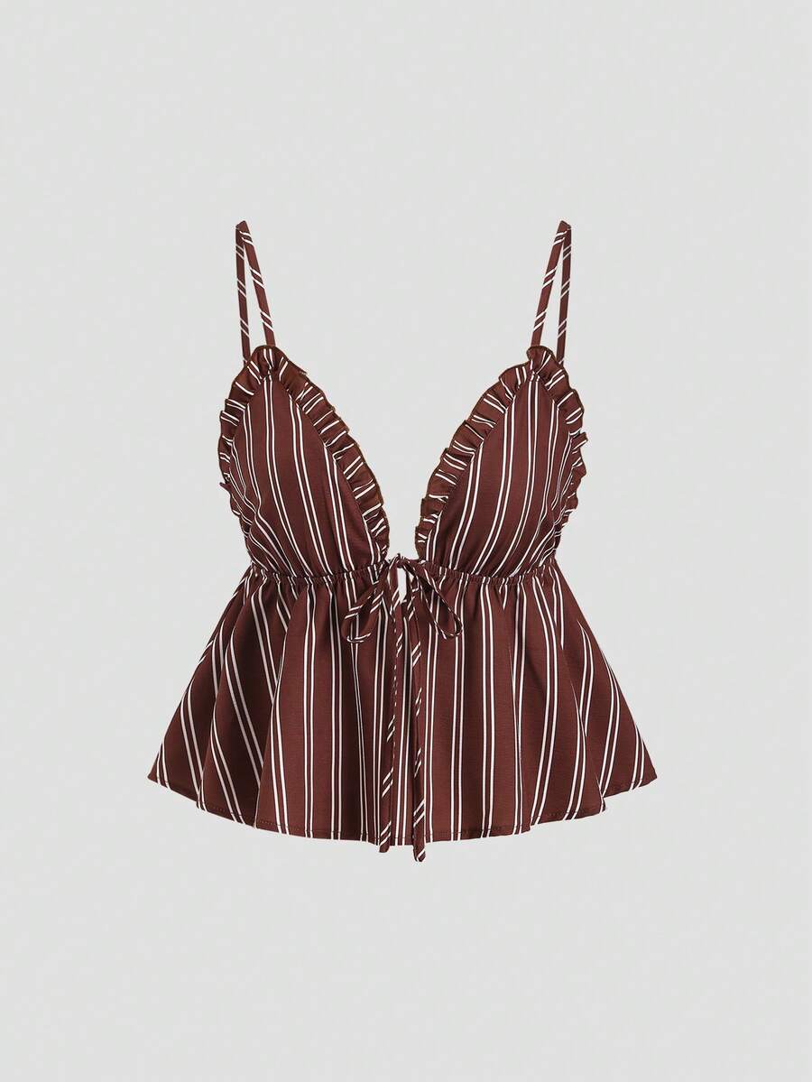 Sweetra Áo kiểu nữ mới, phong cách thường ngày, cổ chữ V sâu, dây rút, viền bèo nhún, họa tiết kẻ sọc, phù hợp cho mùa xuân, hè, thu, kiểu dáng retro gợi cảm, rộng rãi. - Cà phê nâu - Xem 1