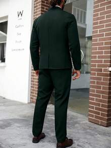 Manfinity Mode Men's Plus Size Solid Color Lapel Neck Single-Breasted Suit Blazer And Pants Set, Formal, Ceremony - Dark Green - View 2