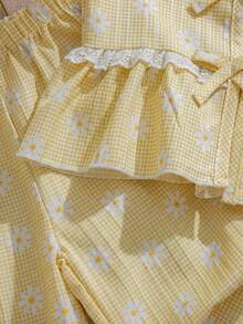 Souflis Souflis 2 piezas Conjunto de niña bebé con blusa de cuello redondo sin mangas plisada de color amarillo claro, top con decoración de lazo y pantalón de cintura elástica, cómodo y lindo para primavera, verano y otoño - Amarillo - Ver 8