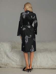 HautHeat 女士动物纹打结腰身休闲家居服睡袍 - 黑色 - 查看 2