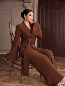 Graceveil Bộ đồ nữ màu trơn gồm áo dài tay xếp ly cổ bẻ eo và quần ống rộng dáng suông, trang phục thành thị thanh lịch cho những buổi đi chơi. - màu nâu - Xem 7