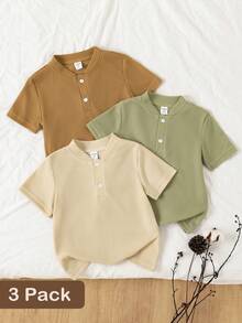 SHEIN Playful Pals 3 áo thun polo Henley ngắn tay cho bé trai, phong cách Quiet Luxury, kiểu dáng tiện dụng thanh lịch, màu khaki tông rừng, gân nổi, cài nút, chất mềm nhẹ, mặc thường ngày, đi lễ, đi chơi, mùa hè xuân thu - Nhiều màu - Xem 9