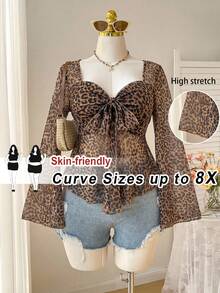 SHEIN CURVE+ 大码女式复古豹纹花瓣袖方领上衣，秋冬款 - 彩色 - 查看 1