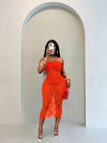 Glyssa Sexy Solid Color Lace Twist Bodycon Tube Dress, Summer - Orange - View 7