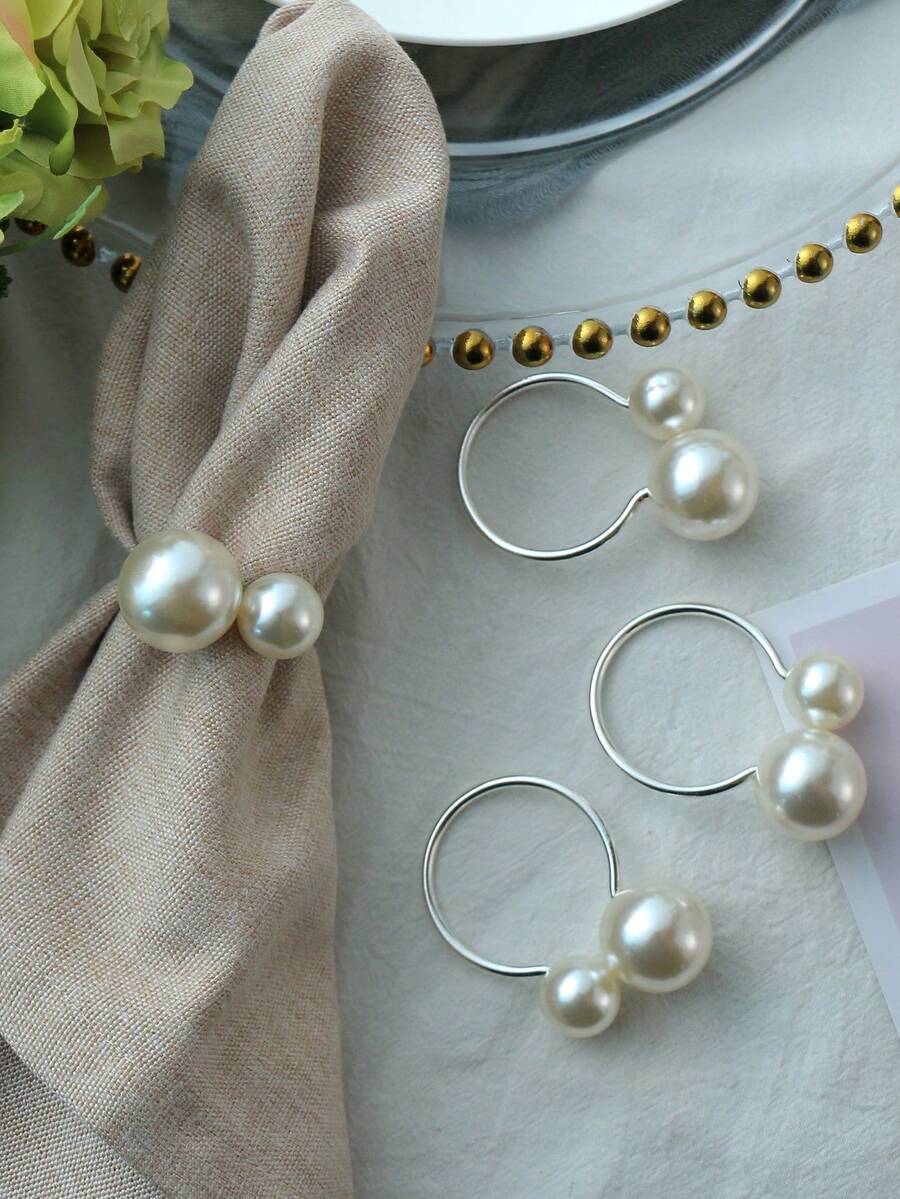 24PCS, Premium Hotel & Restaurant Dining Table Decor Pearl Napkin Rings, Suitable For Wedding, Holiday Table Setting - Silver - View 1