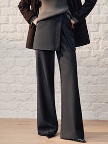 Anewsta 2pcs Women's Asymmetrical Layered High Waist Flared Leg Casual/Office Commute Pants Set - Dark Grey - View 8