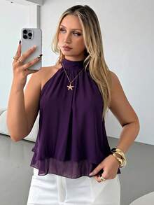 Auralis Plus Size Women Solid Color Pleated Halter Neck Camisole Tops For Chiffon Blouse Elegant Summer Latest Graduation Praia - Purple - View 7