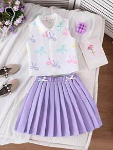 SHEIN Áo không tay kẻ caro cho bé gái tuổi teen phối cùng chân váy xếp ly ngắn kẻ caro. - Nhiều màu - Xem 1