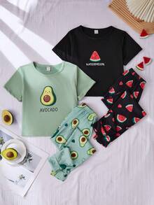 2件套女童牛油果西瓜印花短袖裤家居服套装 - 彩色 - 查看 1