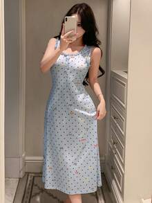 DAZY Sweet Polka Dot Bow Tie Print Ruched Flounce Decor Sleeveless Cinched Waist Dress, Summer Sleepwear For Women - Baby Blue - View 1