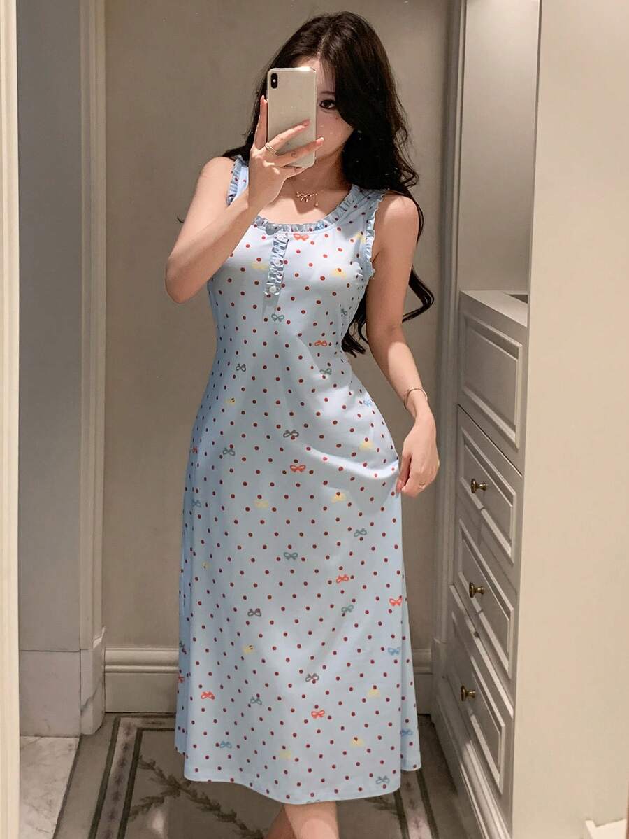 DAZY Sweet Polka Dot Bow Tie Print Ruched Flounce Decor Sleeveless Cinched Waist Dress, Summer Sleepwear For Women - Baby Blue - View 1
