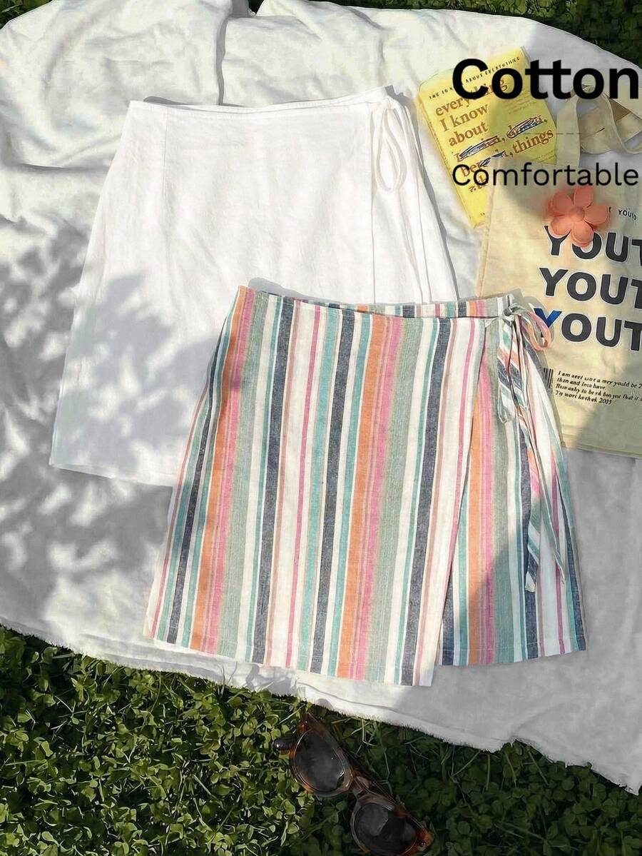 SHEIN EZwear 彩色条纹和纯色亚麻系带休闲宽松加大码短裙两件套,春夏女装棉质服装,条纹半身裙,沙滩裙 - 彩色 - 查看 1