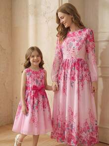 SHEIN Đầm hoa nhí thanh lịch cho bé gái, có thắt lưng, thích hợp cho các buổi đi chơi và kỳ nghỉ. - Màu Hồng Tươi - Xem 9