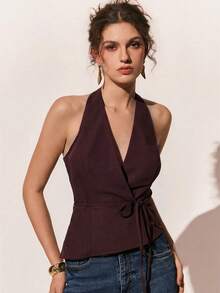Poéselle 女士纯色腰带时尚吊带背心 - 咖啡棕 - 查看 5