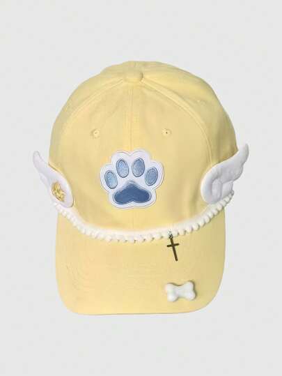 ROMWE Anime 1Pc Yellow Y2K Millennium Hot Girls Cross Metal Decoration Premium Cat Letter Embroidery Wild Splicing Fashion Simple Personalized Street Subculture Ladies Baseball Cap, Suitable For College, Personalized, Shopping, Commuting, Etc
