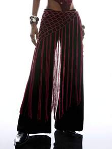 LYSMO 女士沙滩/度假流苏针织裙 - 酒紅色 - 查看 9