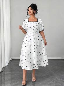 SHEIN Elenzya Vestido de talla grande con estilo retro francés, cuello cuadrado y mangas con volantes con estampado floral diminuto - Albaricoque - Ver 3