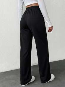 Women's Solid Fake Drawstring Comfortable Medium Stretch Good Quality Casual Sleep Bottom - Black - View 2