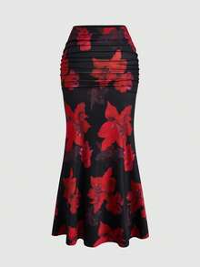 Sweetra French Elegant Floral Print Pencil Skirt, Suitable For Commuting, Party And Vacation Fall - Black - View 5