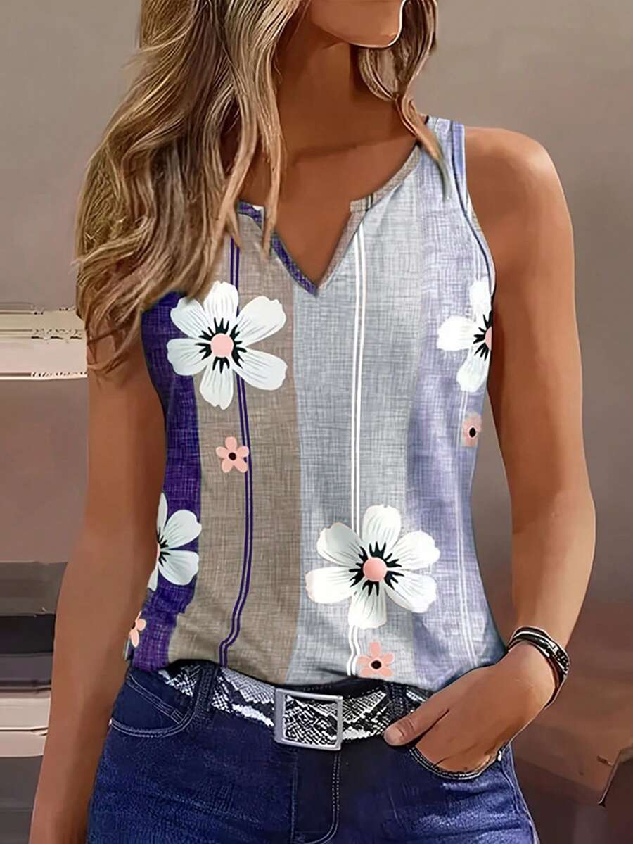 EMERY ROSE Women's Summer Printed V-Neck Sleeveless Button-Up Top, Elegant Lapel Design Slim Fit Casual Tank - Multicolor - View 1
