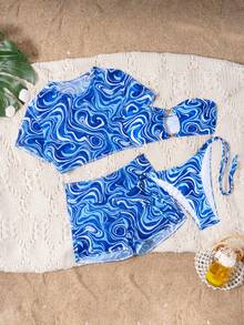 Swim SXY 4pcs Women's Blue And White Striped,Summer,Casual,Vacation,Holiday Wavy Print Metal Decor Bandeau Top,Triangle Bottoms,Mesh Skirt Bikinis Set - Blue - View 6