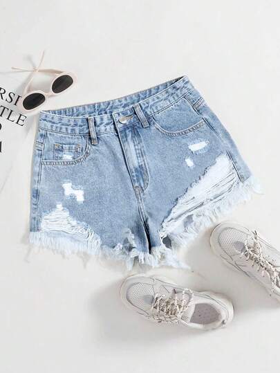 Rivivi Frayed Hem Fashionable Summer Denim Shorts With Belt Loops Everyday Aqua Blue Casual