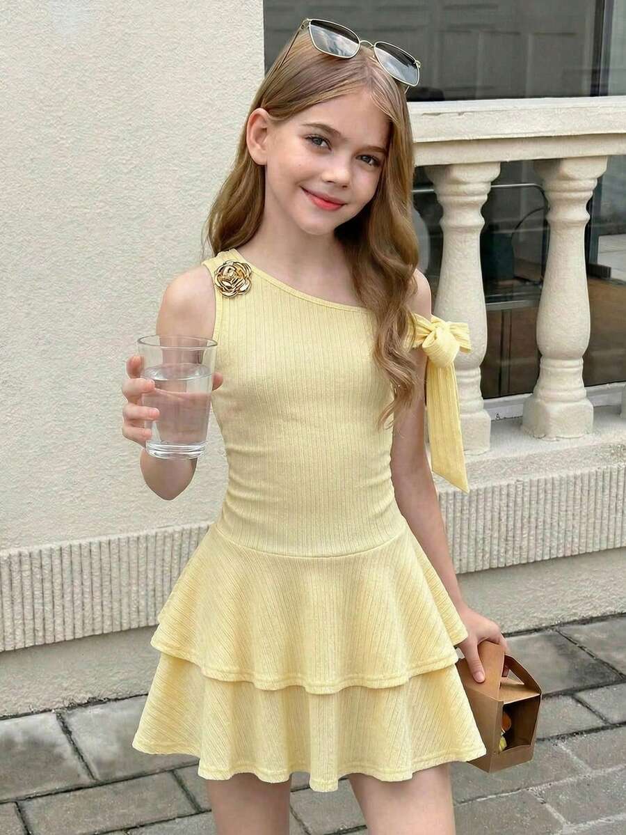 SHEIN Elegant Solid Yellow Textured Fabric Asymmetric Shoulder Bowknot Decor Double-Layer A-Line Dress, Suitable For Beach Vacation Teen Girl Clothes Dress Girls Dress Cute Dresses For Girls - Yellow - View 1