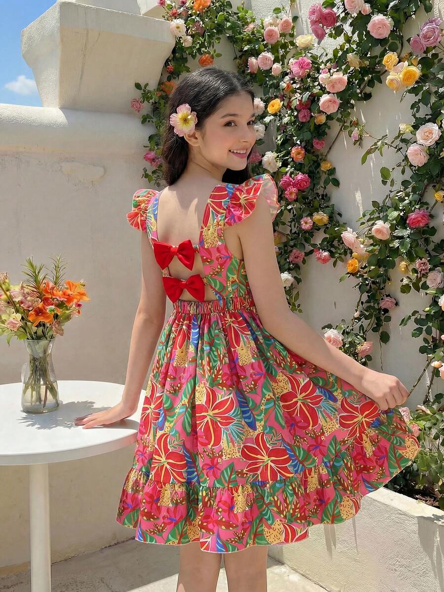 SHEIN 少女碎花印花露背蝴蝶结设计短袖收腰连衣裙 - 彩色 - 查看 1