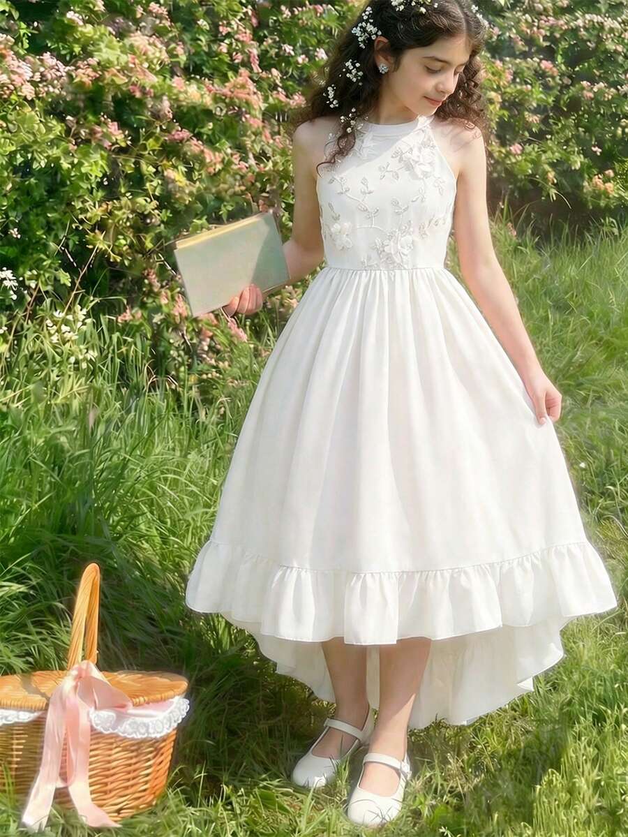 SHEIN Tween Girl Floral 3D Decor Ruffle Fashionable Vacation Dress - White - View 1