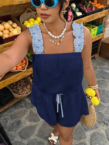 SHEIN Holidaya Pakaian Kasual Liburan Wanita Ukuran Besar Musim Semi/Panas Motif Garis-garis Leher Persegi Warna Kontras Model A-Line - Navy Blue - View 2
