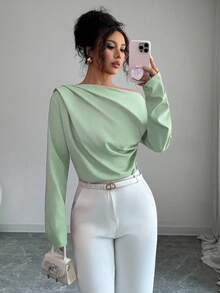 Elenzga Blusa de manga larga con volantes y hombros oblicuos para mujer, nueva para el otoño - Verde - Ver 6