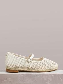 Styleloop Giày nữ phối lưới ren, đính đá, khóa tròn, kiểu thắt lưng, mũi tròn, đế bằng, phong cách Pháp thanh lịch, dịu dàng, đế rơm, màu mơ. Thích hợp cho du lịch nghỉ dưỡng và hẹn hò. - Màu be - Xem 1