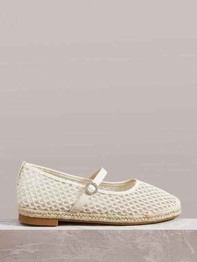 Styleloop Women Shoes Mesh Lace Upper Rhinestone Round Buckle Belt Design Round Toe Flat Bottom French Elegance Gentle Temperament Straw Bottom Apricot Women's Shoes Suitable For Vacation Travel And Dating