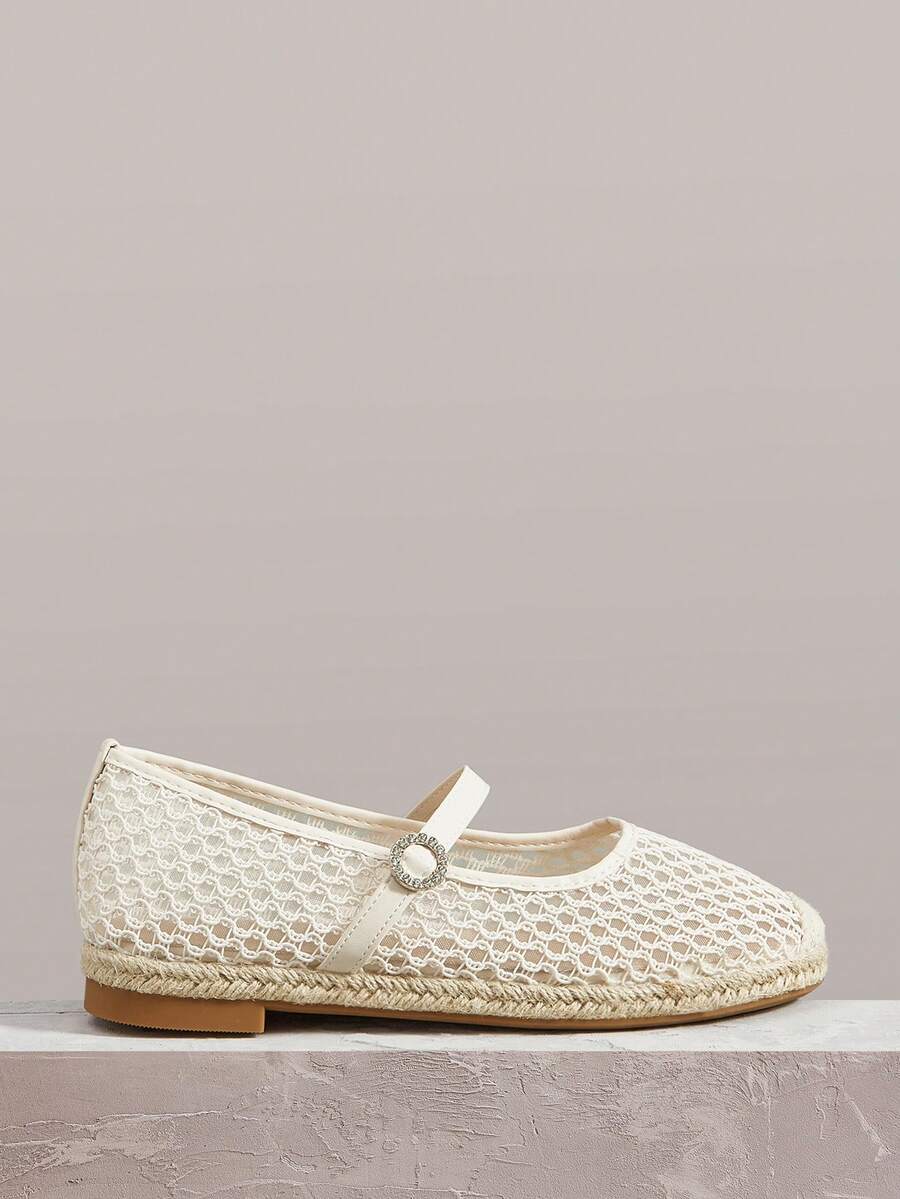 Styleloop Giày nữ phối lưới ren, đính đá, khóa tròn, kiểu thắt lưng, mũi tròn, đế bằng, phong cách Pháp thanh lịch, dịu dàng, đế rơm, màu mơ. Thích hợp cho du lịch nghỉ dưỡng và hẹn hò. - Màu be - Xem 1