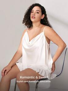 LUVLETTE Summer Sweet Feminine Plus Size Satin Pajama Set - Cowl Neck Camisole & Ruffled Shorts Soft Romantic Lounge Wear Wedding Items Bride Pajamas Set - White - View 9